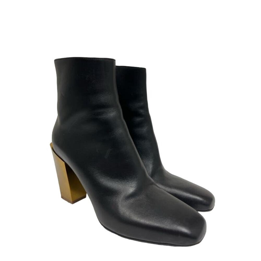 SALVATORE FERRAGAMO Black Leather Gold Block Heels Zip Square Toe Bootie Boots 7 - Picture 3 of 9